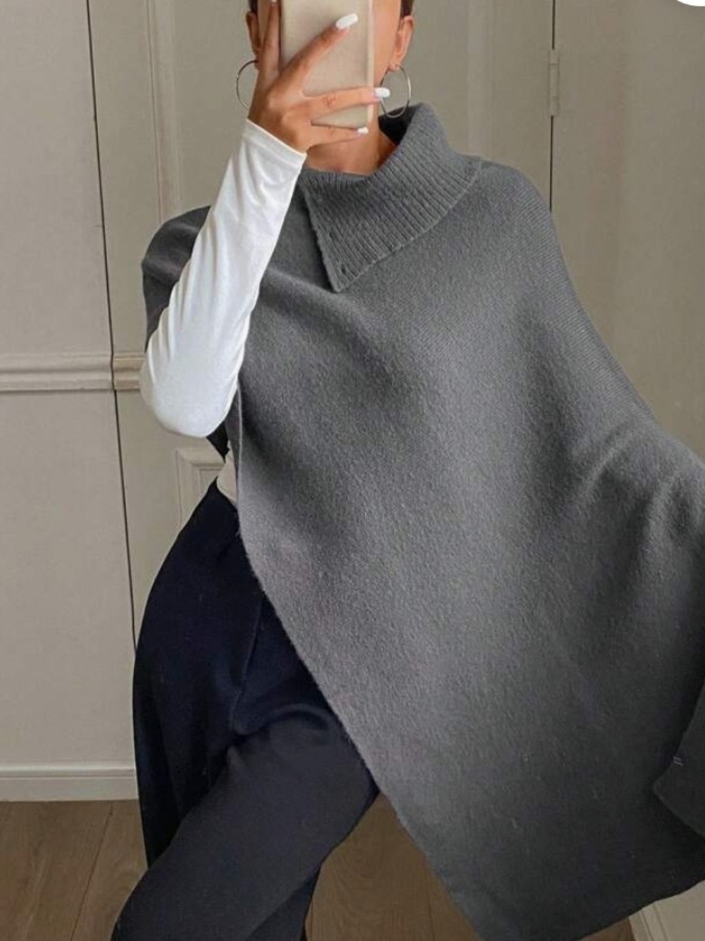 Cozy Women's Gray Knit Poncho with Ribbed Funnel Neck